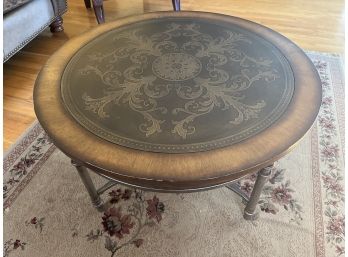 Klaussner Wrought Iron Wooden Metal Embossed Round Top Coffee Table