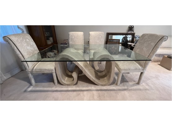 Formica Glass-top Swirl-base Style Dining Table With 6 Cushioned Chairs