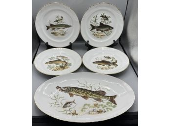 Vintage Israel Naaman Fish Serving Porcelain Pattern Plate Set - 7 Pieces Total