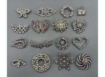 Costume Jewelry Rhinestone Brooch Pins- Assorted Lot - 16 Total