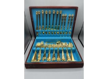 Rogers Gold Plated Stainless Steel Flatware Set - With Tarnish Free Wooden Storage Box Included