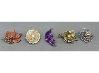 Floral Pattern Costume Jewelry Brooch Pins - 5 Total