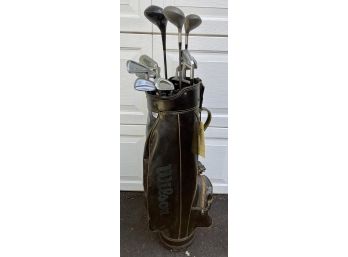 Vintage Wilson Leather Golf Bag With Assorted Golf Clubs - 13 Clubs Total