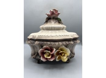 Capodimonte Floral Pattern Bowl With Lid - Made In Italy