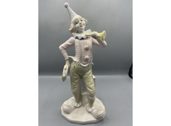 Meico Fine Porcelain Hand Painted Clown Figurine With Horn And Tambourine