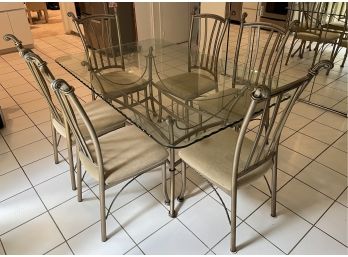 Wrought Iron Glass-top Dining Table With 6 Cushioned Chairs