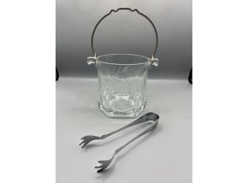 Vintage Etched Glass Ice Bucket With Handle And Metal Tongs
