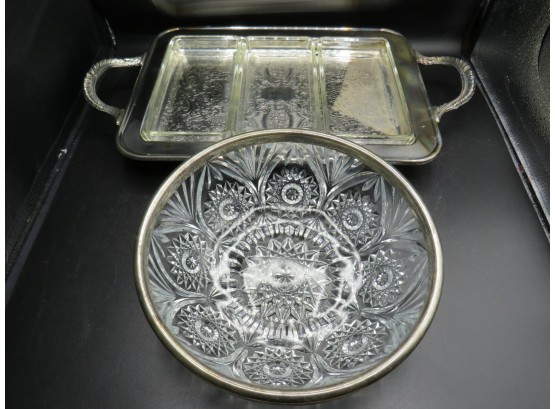 Glass Bowl With Silver Plated Rim & Handled Platter With 3 Glass Dishes - Assorted Set Of 2
