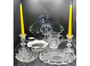 Glassware Plates, Dishes, Pitcher, Candlestick Holders- Assorted Set