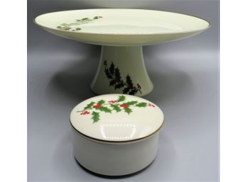 Holly Berry Pedestal Cake Plate & Candle Jar With Lid - Set Of 2