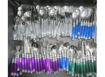 Outdoor Plastic/stainless Utensils - 4 Assorted Colors & 4 Storage Holders