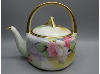 Nippon Hand Painted Floral Pink Roses Gold Trimmed Handle Teapot