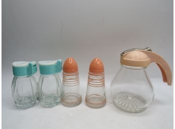 Glass Syrup Holder, Salt & Pepper Shakers & Spice Shakers - Assorted Set Of 5