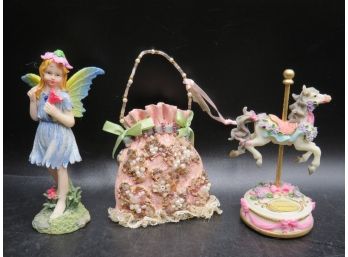 Young's Fairy Figurine, Victorian Bag, Westland Giftware Carousel Horse - Assorted Set Of 3