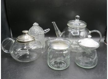 Glassware -- Teapots, Sugar Bowl, Honey Bowl - Assorted Set Of 5