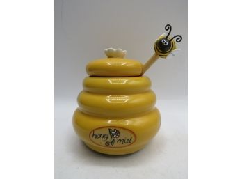 Ceramic Honey Jar With Lid & Serving Stick With Bea