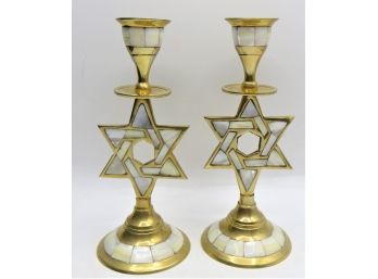 Brass/mother Of Pearl Jewish Star Candlesticks - Set Of 2