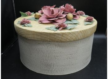 Hat Box With Artificial Flowers On Lid