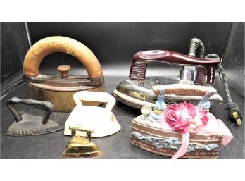 Clothing Irons - Assorted Vintage Irons And Table Decor - Set Of 7