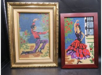Needlepoint Spanish Dancer Man & Woman Framed Decor - Set Of 2