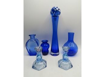 Blue Colored Glass Vases, Candlesticks & Bottle With Stopper - Assorted Set Of 6