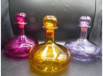 Orange, Pink & Purple Glass Genie Decanters With Stopper - Set Of 3