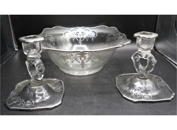 Glass Bowl With 2 Candlesticks - Set Of 3