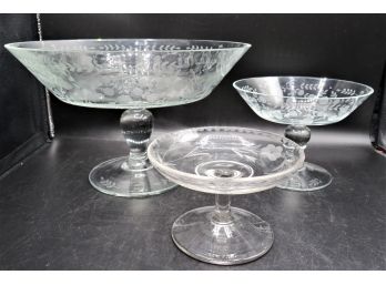 Towle Crystal &  Glass Etched Pedestal Bowls - Assorted Set Of 3