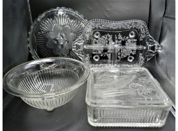 Glassware Dish With Lid, Bowl, Sectioned Dish & Platter - Assorted Set Of 4