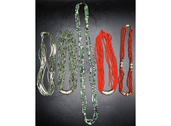 Costume Jewelry Green & Coral Colored Beaded Necklaces - Assorted Set Of 5