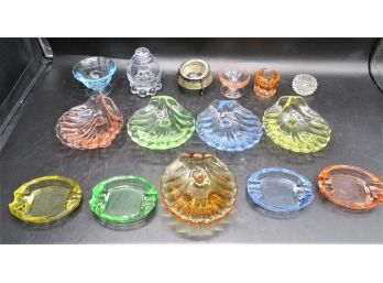 Colored Glass - Clam Shell, Small Jars & Ash Trays - Assorted Set Of 15