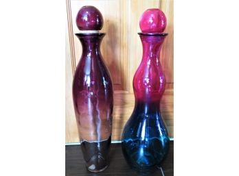 Large Colored Decorative Glass Bottles With Stoppers - Set Of 2