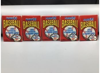 5 Fleer 1991 Baseball Card Packs Sealed, 5 Piece Lot