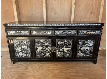 Wooden Asian Inspired Mother Of Pearl Inlaid Cabinet With Drawers