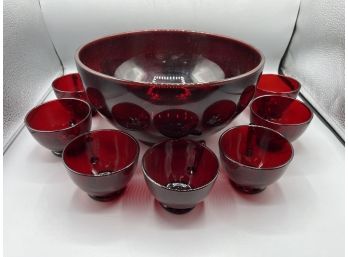 Vintage Red Glass Punch Bowl/mug Set - Missing Ladle - 13 Pieces Total