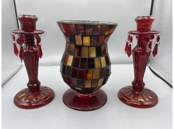 Decorative Red Glass Votive Holder With Pair Of Candlestick Holders - 3 Pieces Total