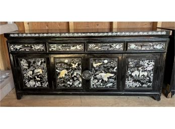 Wooden Asian Inspired Mother Of Pearl Inlaid Cabinet With Drawers