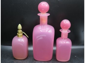 Murano Glass & DeVilbiss Pink Glass Perfume Bottles & Jar With Stoppers - Set Of 3