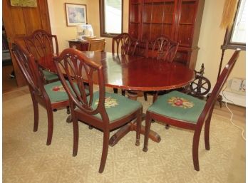 Mahogany  Dining Table With 6  Hand Sewn Needlepoint Cushioned Chairs And 1 Leaf