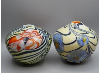 Floral Art Glass Vases - Set Of 2