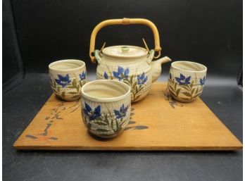 Asian Teapot With Lid, 3 Cups & Tray - Set Of 5