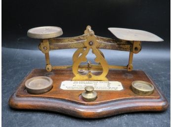 Circa 1800's Victorian English Brass & Wood Postal Postage Scale With 3 Weights -