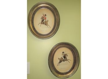 Oval Cavalry Prints , England, In Silver Leaf Frame - Circa 1901 - Set Of 2