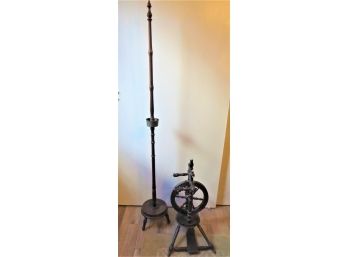 Antique Wood Spinning Wheel & Stand - Set Of 2
