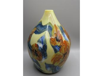 Blue/ivory/coral Colored Floral Art Glass Vase