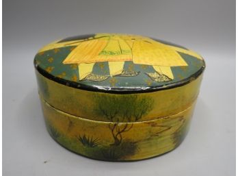 Lacquered Round Painted Box With Lid - Image Of The History Of The Mughal Empire