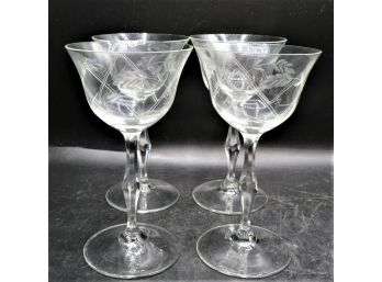 Etched Wheat Pattern Wine Glasses - Set Of 4