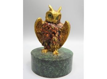 Owl Figurine On Green Marble Base - Made In Italy