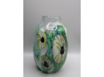 Green/white/tan Signed Art Glass Vase