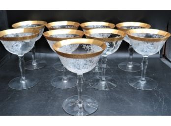 TIFFIN-FRANCISCAN MELROSE CLEAR Etched Gold Rimmed Crystal Champagne Glasses  Set Of 9